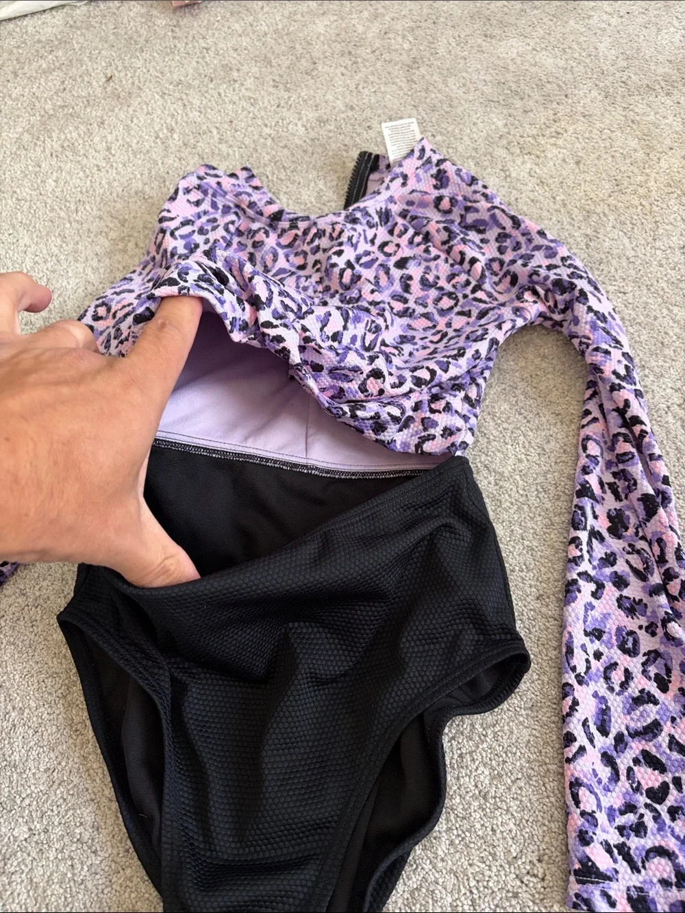 Kids Long-Sleeve Leopard Print One-Piece Swimsuit- Pink Purple & Black